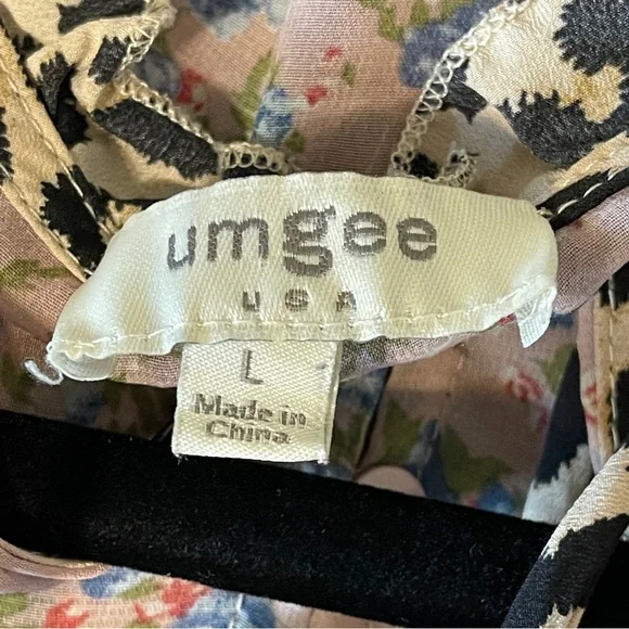 Umgee Leopard Trim Floral Boho Dress Tassel Tie 3/4 Sleeve Cottagecore Large - Picture 8 of 8